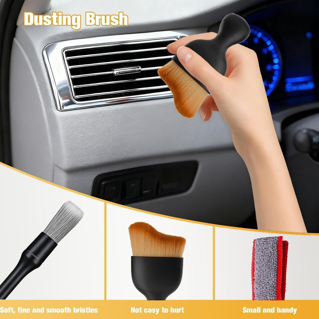 3PCS Car Detailing Brush Kit, Including 3 Ultra Soft No Scratch Boar Hair & 3 Vent Cleaning Brushes, Multi-Use Automotive Interior Detailing Kit, Universal for Most Vehicles (Short)