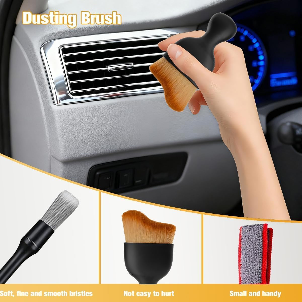 3PCS Car Detailing Brush Kit, Including 3 Ultra Soft No Scratch Boar Hair & 3 Vent Cleaning Brushes, Multi-Use Automotive Interior Detailing Kit, Universal for Most Vehicles (Short)