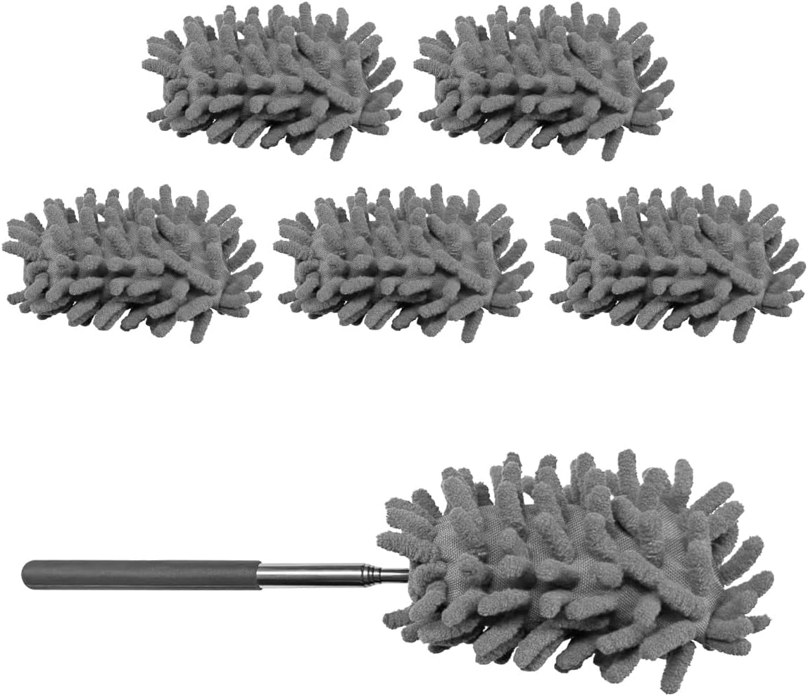 6PCS Microfiber Duster for Cleaning, Washable Chenille Hand Dusters with Extendable Telescoping Pole, Mini Car Interior Dusting Brush Tool for Auto Dash, Home, Office, Blinds(Gray)