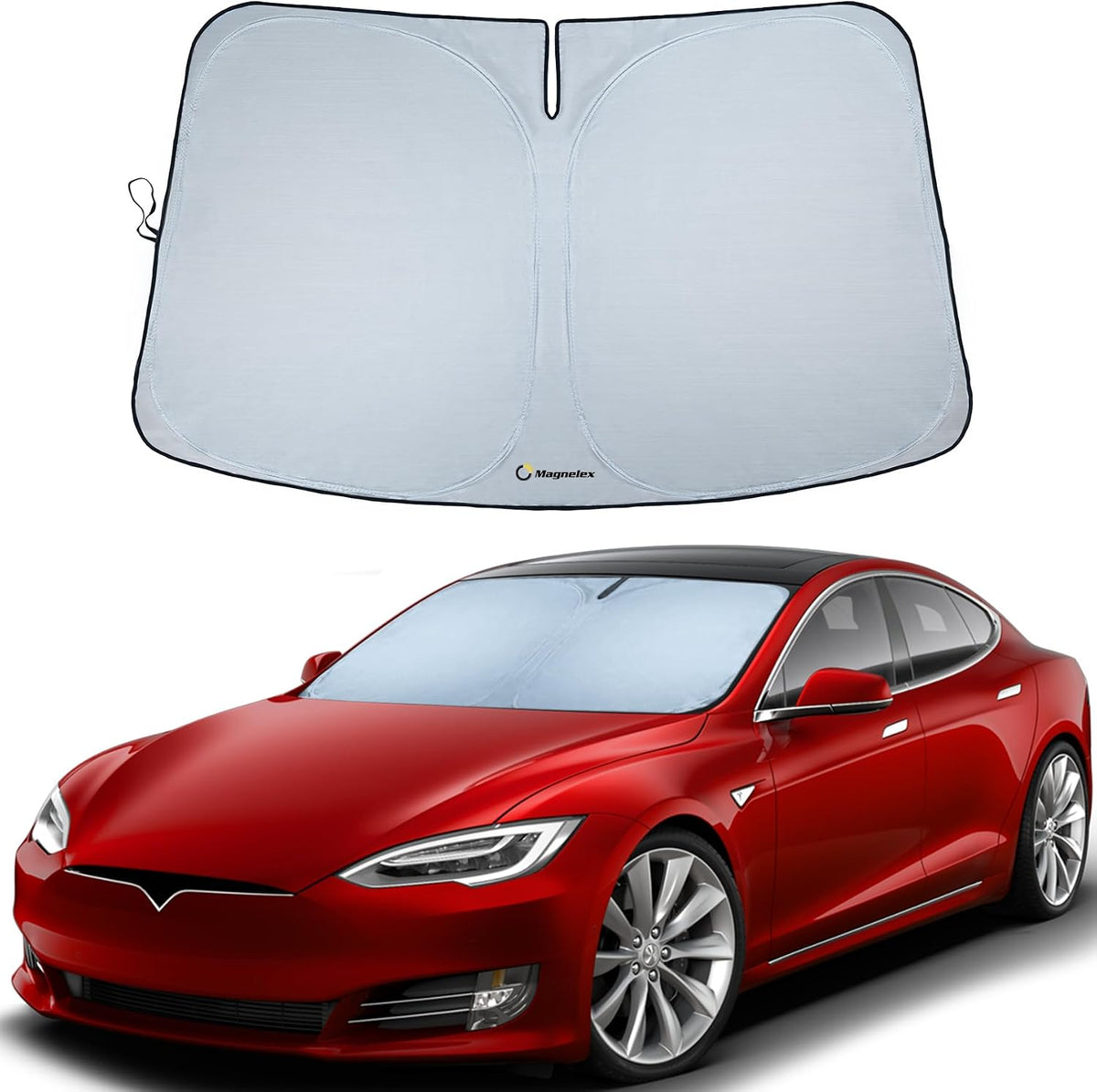 Tesla Windshield Sunshade for Model S 2012-2026 - Reflective 240T Material Car Sun Visor with Mirror Cut-Out. Tesla Model S Sunshade | Foldable Sun Shade for Sun Heat and UV Protection